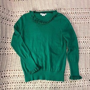 Boden Kelly Green Ruffle Neck and Cuff Wool/Cotton Blend Sweater Size 8